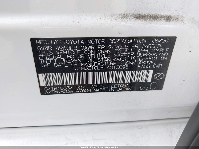 2020 Lexus Gs VIN JTHGZ1CL5LA013095 IAAI salvage auction — FRONT END, Wait Title, sold $12,350 on 2026-09-01 (photo 9)