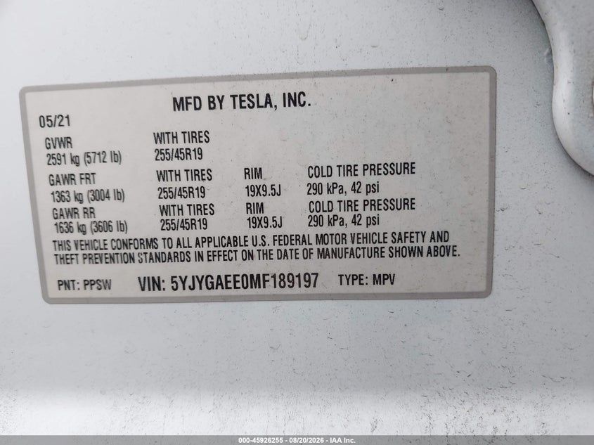 2021 Tesla Model Y VIN 5YJYGAEE0MF189197 IAAI salvage auction — FRONT END, Salvage (New Jersey), sold $9,200 on 2026-09-26 (photo 9)