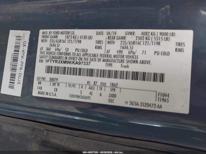 2019 Ford Transit-250 VIN 1FTYR3XM9KKA97337 IAAI salvage auction — LEFT & RIGHT, Clear (North Carolina), sold $7,875 on 2026-09-08 (photo 9)