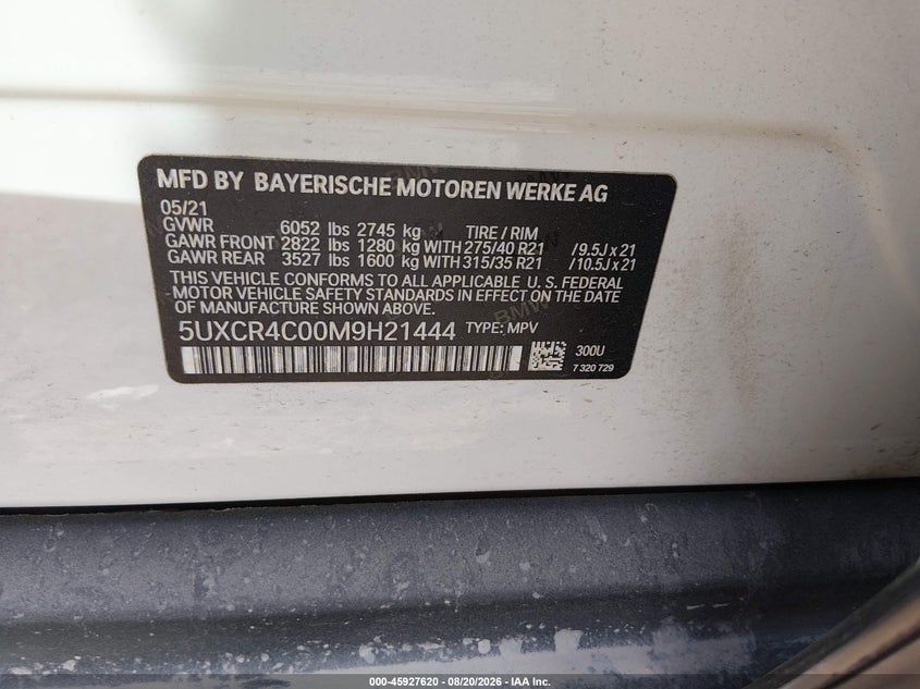 2021 BMW X5 VIN 5UXCR4C00M9H21444 IAAI salvage auction — FRONT END, Salvage (Texas), sold $14,900 on 2026-09-03 (photo 9)