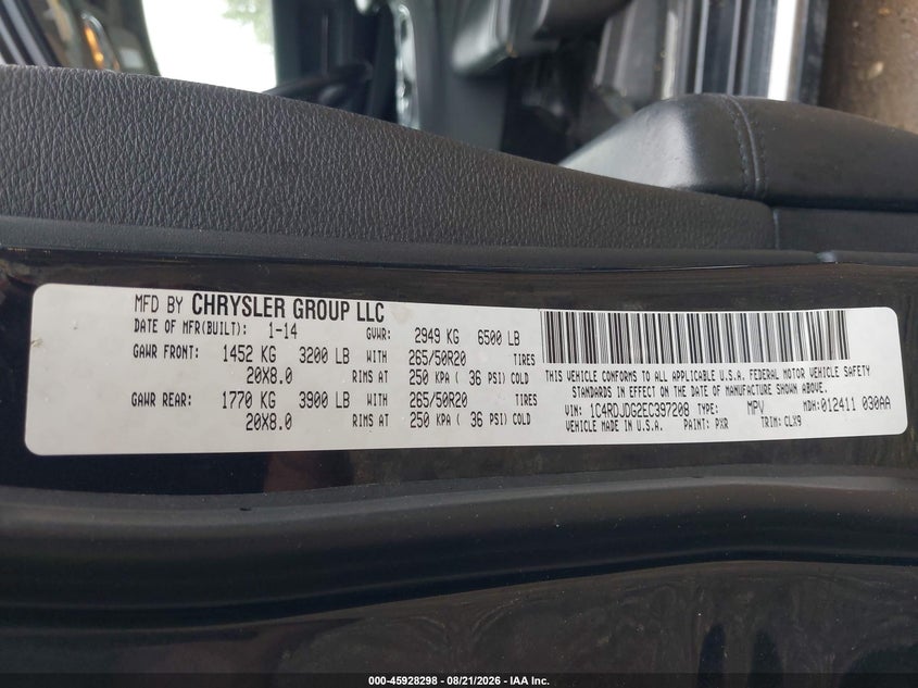 2014 Dodge Durango VIN 1C4RDJDG2EC397208 IAAI salvage auction — LEFT SIDE, Wait Title, sold $0 on 2026-09-16 (photo 9)
