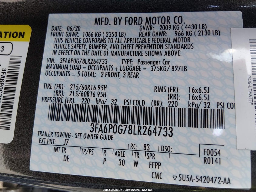 2020 Ford Fusion VIN 3FA6P0G78LR264733 IAAI salvage auction — NORMAL WEAR, Sf97 (Virginia), sold $9,200 on 2026-09-08 (photo 9)