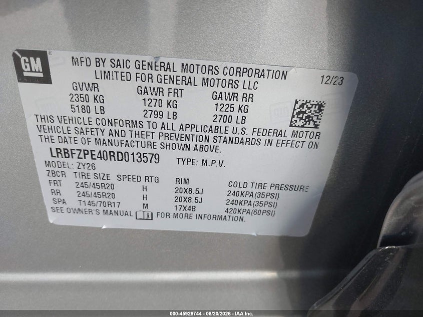 2024 Buick Envision VIN LRBFZPE40RD013579 IAAI salvage auction — FRONT END, Salvage Title, sold $5,900 on 2026-10-10 (photo 9)