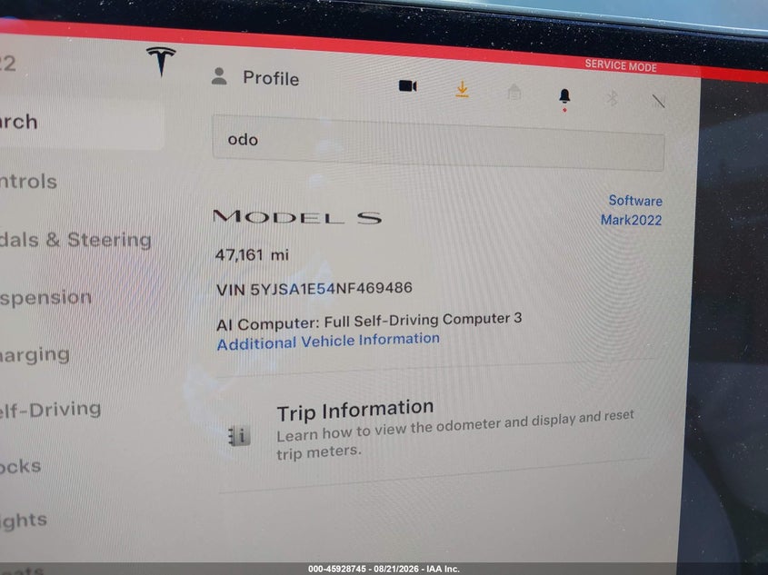 2022 Tesla Model s VIN 5YJSA1E54NF469486 IAAI salvage auction — REAR END, Salvage (Pennsylvania), sold $20,200 on 2026-08-29 (photo 7)