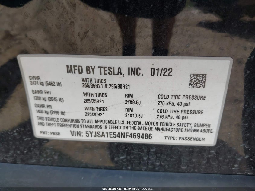 2022 Tesla Model s VIN 5YJSA1E54NF469486 IAAI salvage auction — REAR END, Salvage (Pennsylvania), sold $20,200 on 2026-08-29 (photo 9)