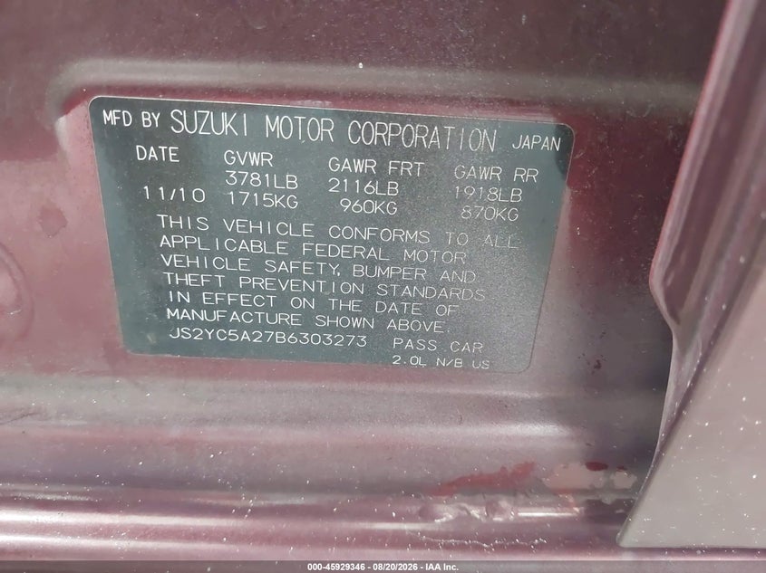 2011 Suzuki Sx4 VIN JS2YC5A27B6303273 IAAI salvage auction — REAR END, Rebuildable (Florida), sold $500 on 2026-09-10 (photo 9)