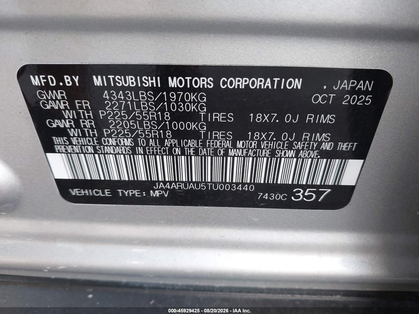 2026 Mitsubishi Outlander VIN JA4ARUAU5TU003440 IAAI salvage auction — FRONT END, Enterprise Vehicles Clear Only (Florida), sold $8,000 on 2026-08-23 (photo 9)