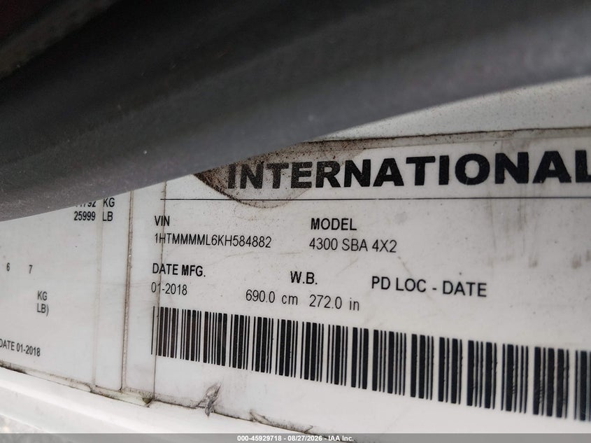 2019 International VIN 1HTMMMML6KH584882 IAAI salvage auction — ROLLOVER, Wait Title, sold $1,500 on 2026-10-09 (photo 8)