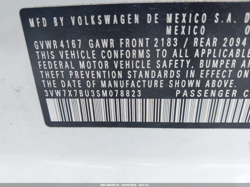 2025 Volkswagen Jetta VIN 3VW7X7BU3SM078823 IAAI salvage auction — REAR END, Salvage Title, sold $10,750 on 2026-09-08 (photo 9)