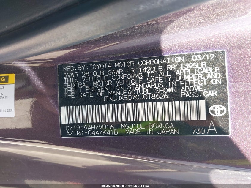 2012 Scion Iq VIN JTNJJXB07CJ018626 IAAI salvage auction — REAR END, Bill Of Sale (Texas), sold $25 on 2026-08-25 (photo 9)