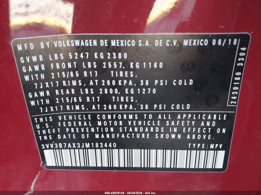 2018 Volkswagen Tiguan VIN 3VV3B7AX3JM183440 IAAI salvage auction — LEFT SIDE, Wait Title, sold $2,800 on 2026-10-01 (photo 9)
