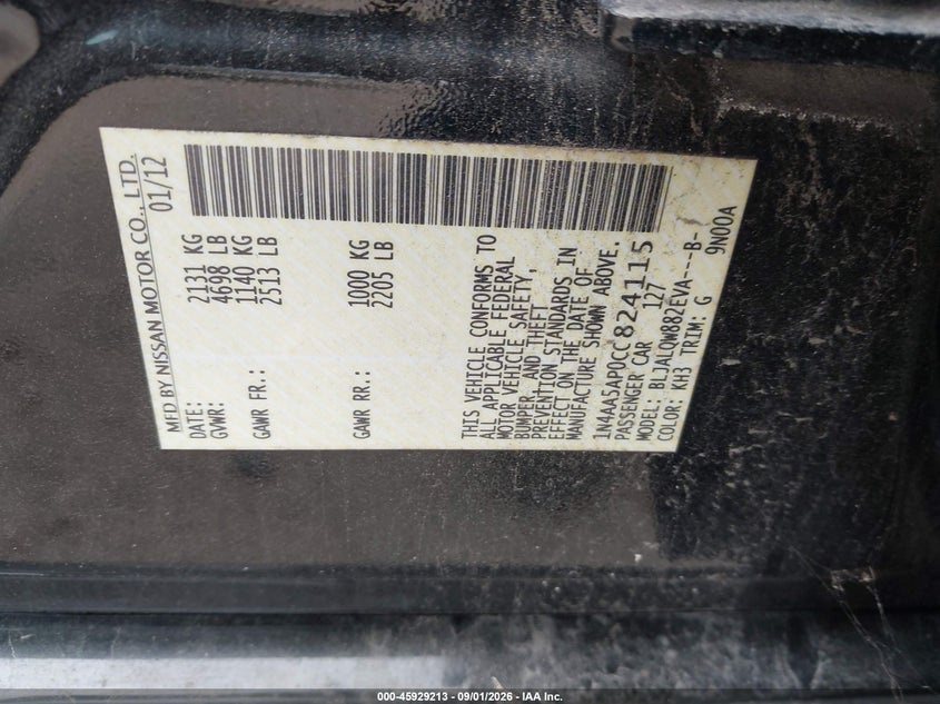 2012 Nissan Maxima VIN 1N4AA5AP0CC824115 IAAI salvage auction — REPOSSESSION, Nrc Lienholder Repossession Paperwork (Texas), sold $650 on 2026-09-11 (photo 9)