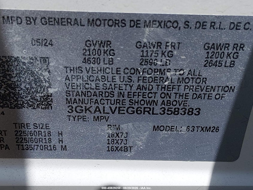 2024 Gmc Terrain VIN 3GKALVEG6RL358383 IAAI salvage auction — SIDE, Enterprise Vehicles Clear Only (South Carolina), sold $10,000 on 2026-08-23 (photo 9)