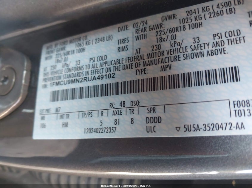2024 Ford Escape VIN 1FMCU9MN2RUA49102 IAAI salvage auction — UNKNOWN, Clear (Arizona), sold $8,000 on 2026-09-01 (photo 9)