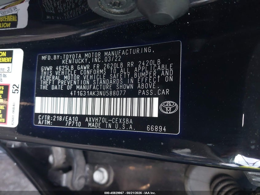 2022 Toyota Camry VIN 4T1G31AK3NU588077 IAAI salvage auction — SIDE, Wait Title, sold $10,600 on 2026-09-02 (photo 9)