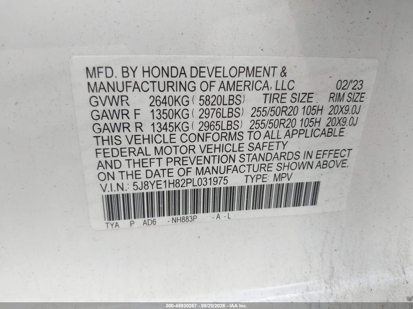 2023 Acura Mdx VIN 5J8YE1H82PL031975 IAAI salvage auction — FRONT END, Wait Title, sold $14,225 on 2026-09-30 (photo 9)