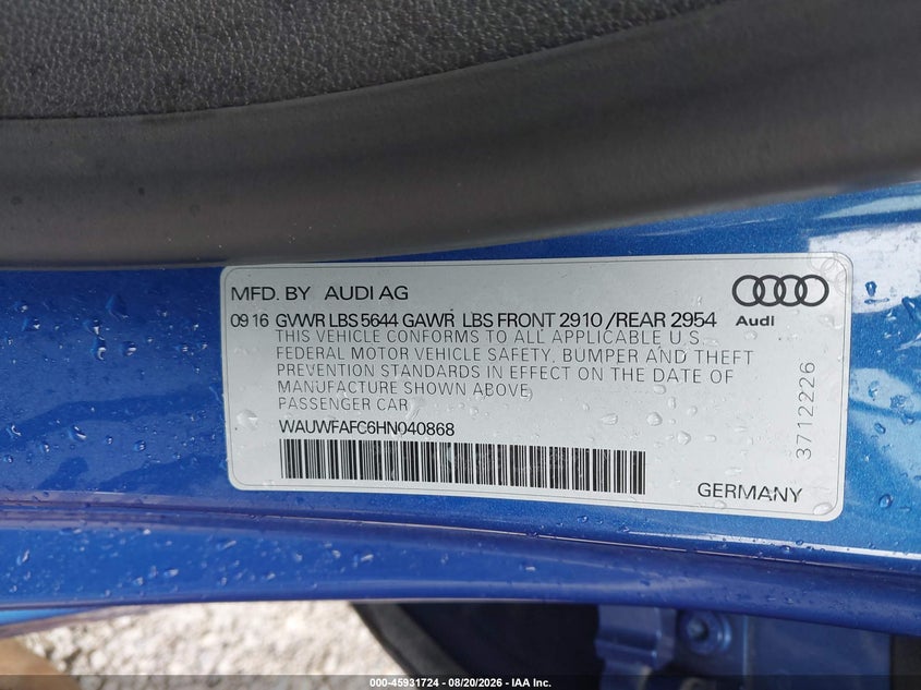 2017 Audi S7 VIN WAUWFAFC6HN040868 IAAI salvage auction — LEFT FRONT, Wait Title, sold $11,400 on 2026-09-15 (photo 9)