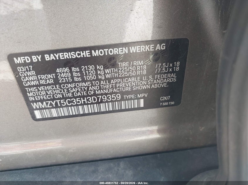 2017 Mini Countryman VIN WMZYT5C35H3D79359 IAAI salvage auction — FRESH WATER, Wait Title, sold $450 on 2026-10-07 (photo 9)