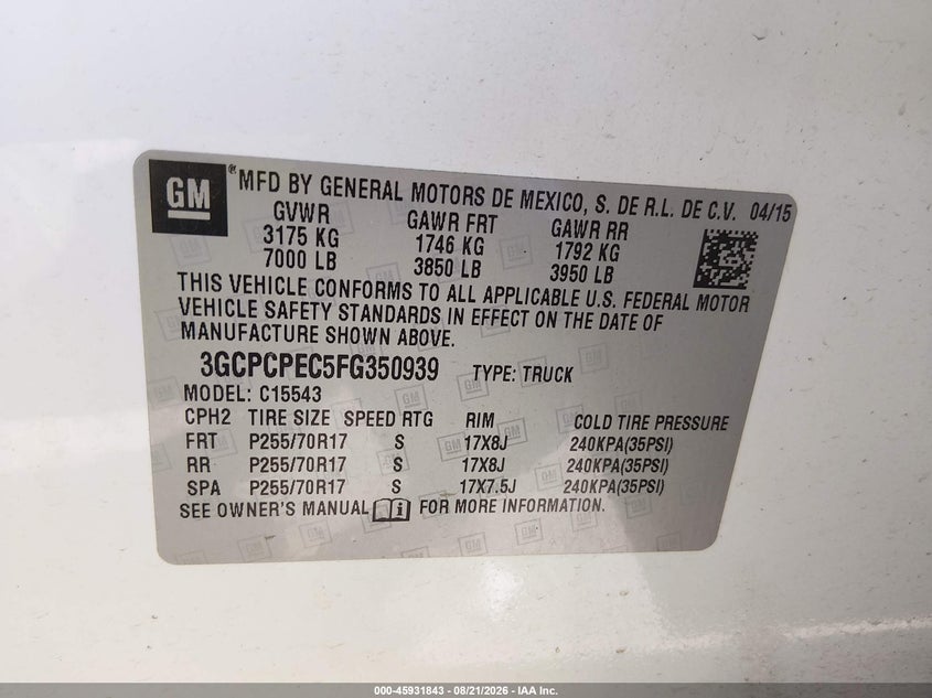 2015 Chevrolet Silverado 1500 VIN 3GCPCPEC5FG350939 IAAI salvage auction — NORMAL WEAR, Original (Texas), sold $8,075 on 2026-08-26 (photo 9)