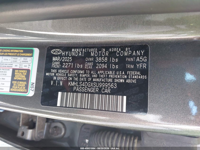 2025 Hyundai Elantra VIN KMHLS4DGXSU999563 IAAI salvage auction — FRONT END, Enterprise Vehicles Clear Only (Oregon), sold $13,550 on 2026-08-26 (photo 9)