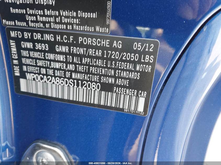 2013 Porsche Boxster VIN WP0CA2A86DS112080 IAAI salvage auction — SIDE, Salvage Title, sold $11,825 on 2026-09-18 (photo 9)