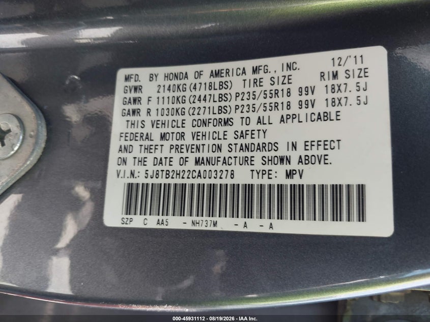 2012 Acura Rdx VIN 5J8TB2H22CA003278 IAAI salvage auction — NORMAL WEAR, Clear - Dealer Only (California), sold $1,050 on 2026-09-23 (photo 9)