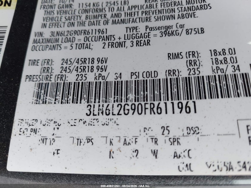 2015 Lincoln Mkz VIN 3LN6L2G90FR611961 IAAI salvage auction — NORMAL WEAR, Clear (Florida), sold $1,450 on 2026-09-02 (photo 9)