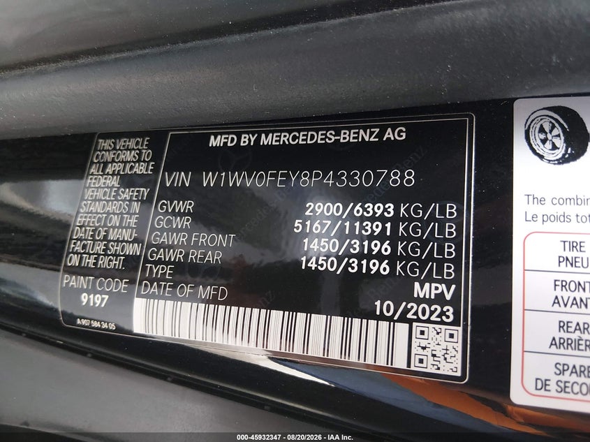 2023 Mercedes-benz Metris VIN W1WV0FEY8P4330788 IAAI salvage auction — REAR END, Salvage (California), sold $58,000 on 2026-08-26 (photo 9)