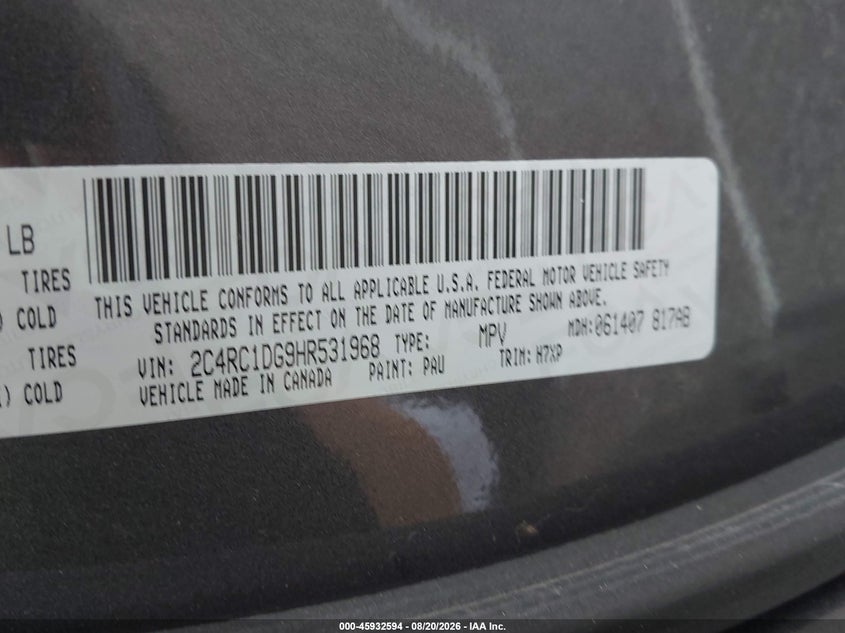 2017 Chrysler Pacifica VIN 2C4RC1DG9HR531968 IAAI salvage auction — UNKNOWN, Wait Title, sold $1,150 on 2026-10-03 (photo 9)