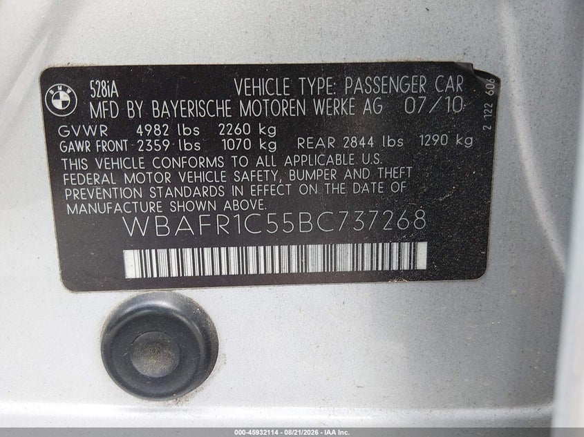 2011 BMW 5 series VIN WBAFR1C55BC737268 IAAI salvage auction — REAR END, Salvage (Pennsylvania), sold $775 on 2026-09-11 (photo 9)