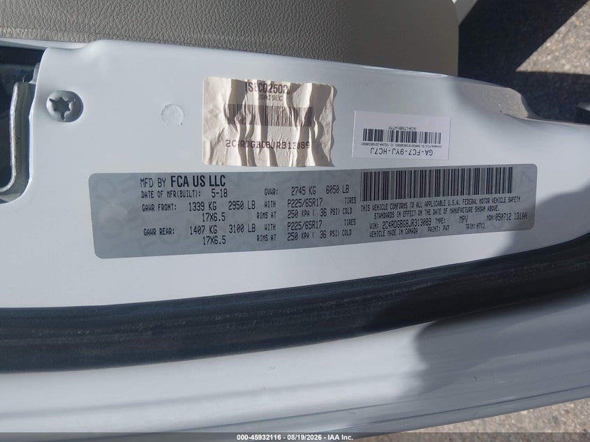 2018 Dodge Grand caravan VIN 2C4RDGBG8JR313089 IAAI salvage auction — NORMAL WEAR, Sf97 (Arizona), sold $10,600 on 2026-09-17 (photo 9)