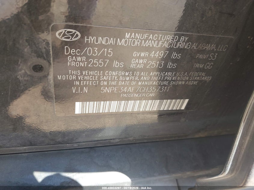 2016 Hyundai Sonata VIN 5NPE34AF7GH357311 IAAI salvage auction — NORMAL WEAR, Clear (South Carolina), sold $2,100 on 2026-08-29 (photo 9)