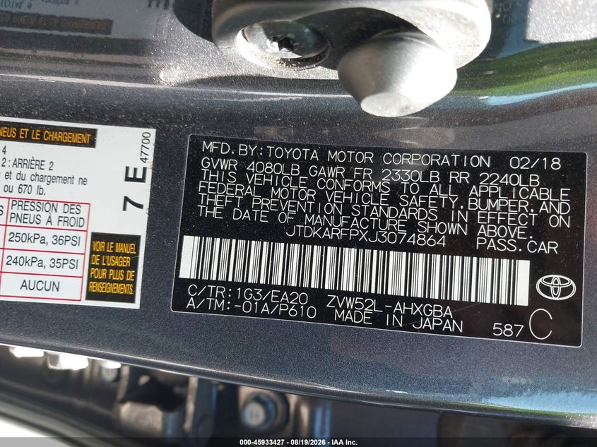 2018 Toyota Prius prime VIN JTDKARFPXJ3074864 IAAI salvage auction — NORMAL WEAR, Clear - Dealer Only (California), sold $11,100 on 2026-08-27 (photo 9)