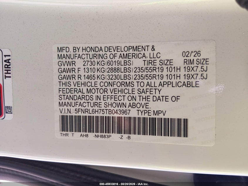2026 Honda Odyssey VIN 5FNRL6H75TB043967 IAAI salvage auction — REAR END, Enterprise Vehicles Clear Only (Texas), sold $26,250 on 2026-08-26 (photo 9)