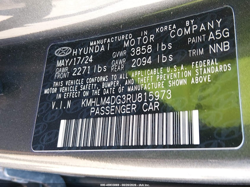 2024 Hyundai Elantra VIN KMHLM4DG3RU815973 IAAI salvage auction — FRONT END, Enterprise Vehicles Clear Only (New York), sold $11,100 on 2026-08-26 (photo 9)