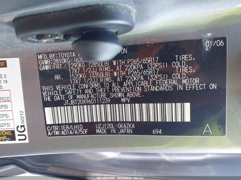 2006 Lexus Gx VIN JTJBT20X960111239 IAAI salvage auction — NORMAL WEAR, Clear (Kansas), sold $25 on 2026-10-03 (photo 9)