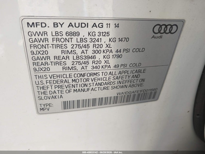 2015 Audi Q7 VIN WA1DGAFE1FD011560 IAAI salvage auction — Flood, Salvage, sold $1,450 on 2026-10-14 (photo 9)