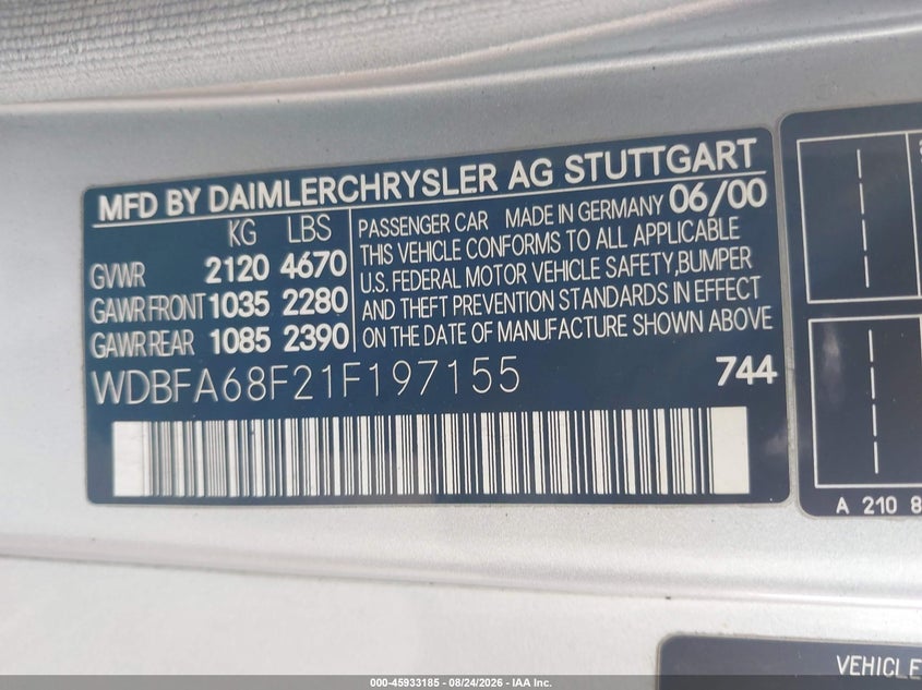 2001 Mercedes-benz Sl-class VIN WDBFA68F21F197155 IAAI salvage auction — FRONT END, Salvage (Idaho), sold $2,600 on 2026-08-30 (photo 9)