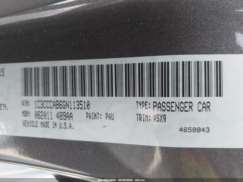 2016 Chrysler 200 VIN 1C3CCCAB6GN113510 IAAI salvage auction — Front End, Clear, sold $1,075 on 2026-10-19 (photo 9)