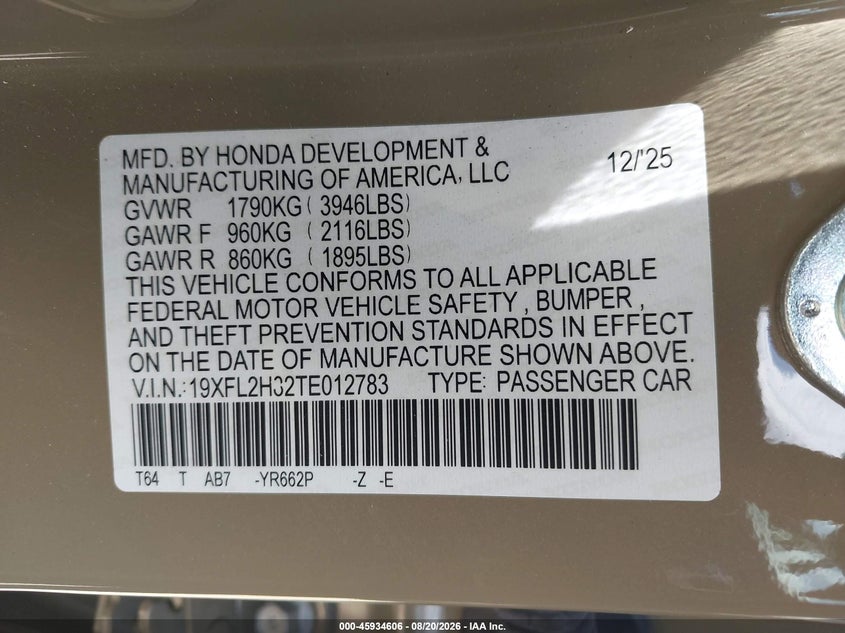 2026 Honda Civic VIN 19XFL2H82TE012783 IAAI salvage auction — REAR END, Salvage Title, sold $17,500 on 2026-08-26 (photo 9)