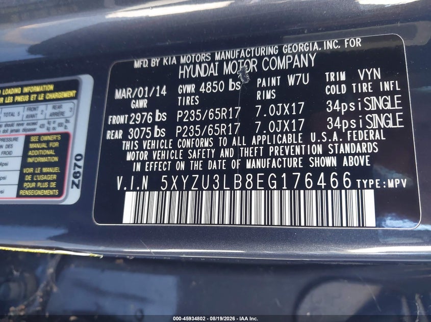 2014 Hyundai VIN 5XYZU3LB8EG176466 IAAI salvage auction — NORMAL WEAR, Clear - Dealer Only (California), sold $225 on 2026-10-03 (photo 9)