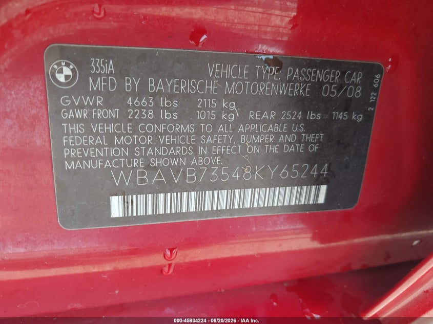 2008 BMW 3 series VIN WBAVB73548KY65244 IAAI salvage auction — NORMAL WEAR, Clear - Dealer Only (California), sold $2,050 on 2026-08-23 (photo 9)