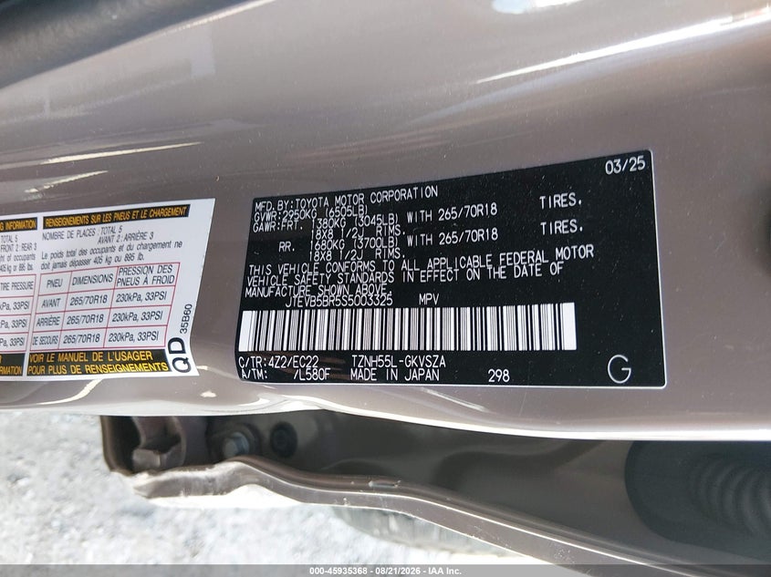 2025 Toyota 4runner VIN JTEVB5BR5S5003325 IAAI salvage auction — SIDE, Wait Title, sold $42,000 on 2026-10-15 (photo 9)