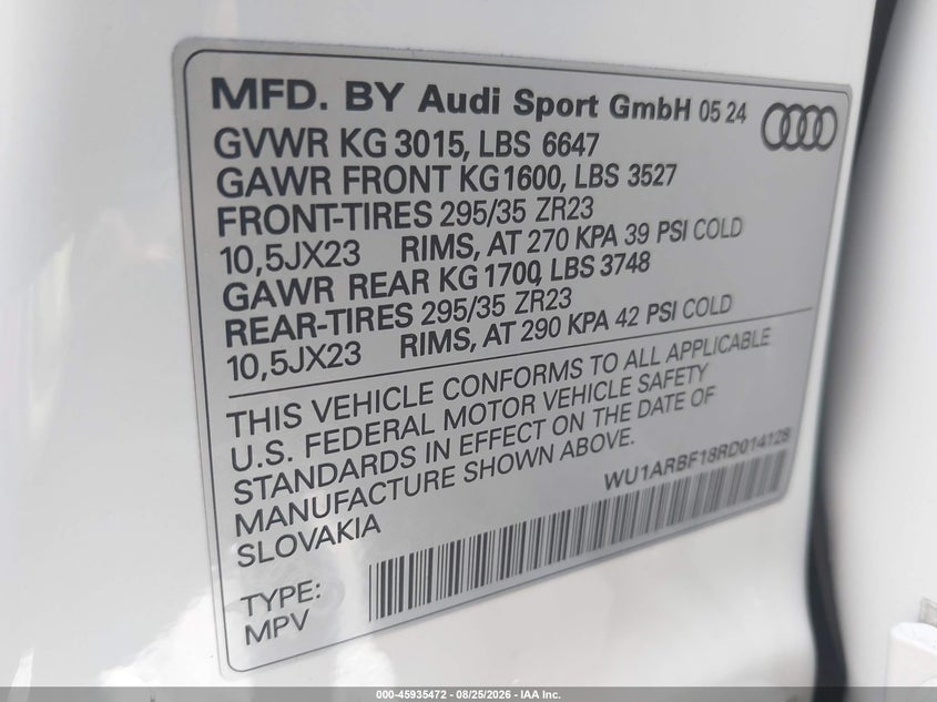2024 Audi Rs q8 VIN WU1ARBF18RD014128 IAAI salvage auction — FRONT END, Salvage (Massachusetts), sold $44,500 on 2026-09-28 (photo 9)