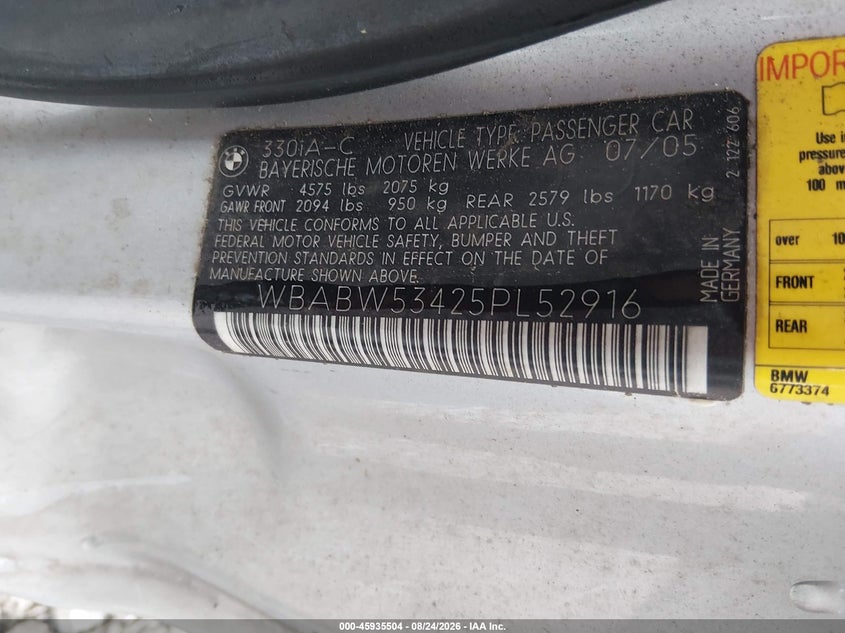 2005 BMW 3 series VIN WBABW53425PL52916 IAAI salvage auction — NORMAL WEAR, Clear (Alabama), sold $1,450 on 2026-09-06 (photo 9)