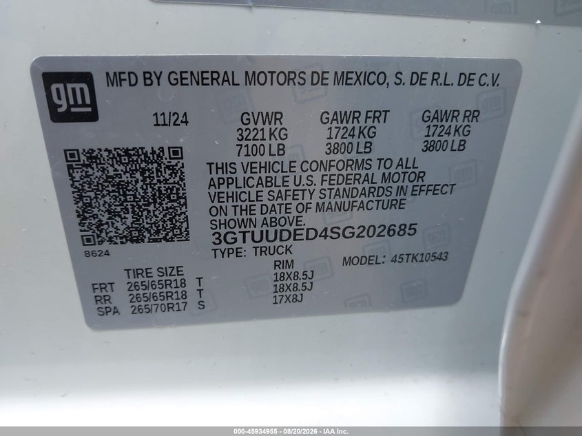 2025 Gmc Sierra 1500 VIN 3GTUUDED4SG202685 IAAI salvage auction — ELECTRICAL, Enterprise Vehicles Clear Only (Texas), sold $33,100 on 2026-08-24 (photo 9)