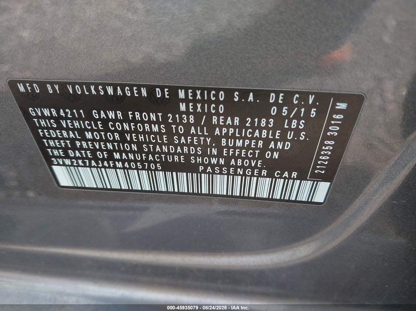 2015 Volkswagen Jetta VIN 3VW2K7AJ4FM405705 IAAI salvage auction — LEFT FRONT, Mv-907A (New York), sold $1,450 on 2026-09-22 (photo 9)