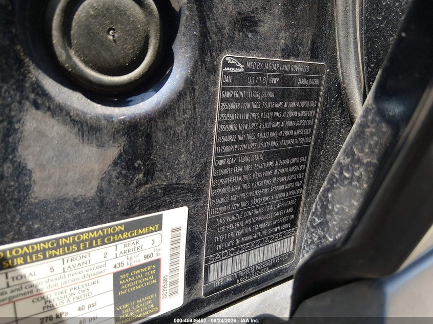 2018 Jaguar F-pace VIN SADCJ2FX2JA295385 IAAI salvage auction — FRONT END, Salvage Title, sold $3,400 on 2026-10-22 (photo 9)