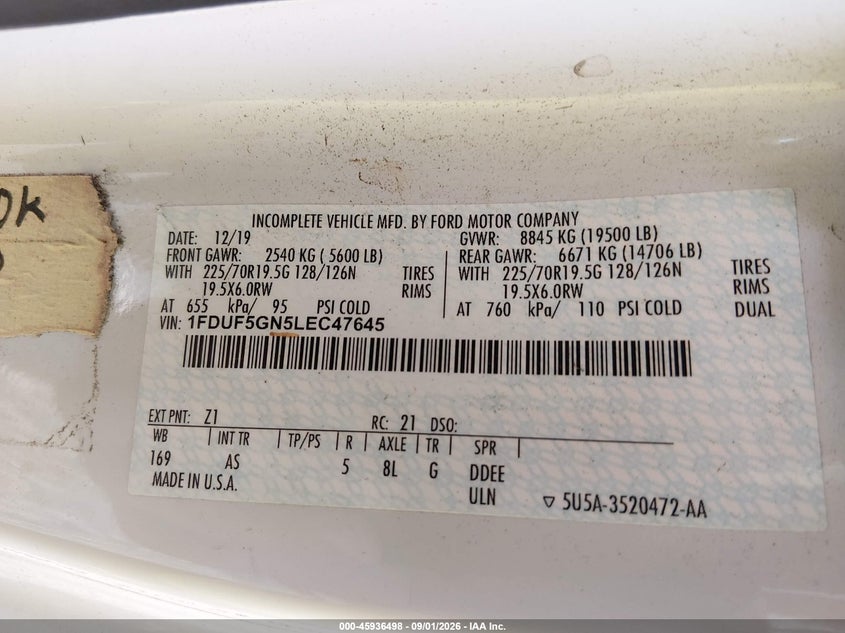 2020 Ford F550 VIN 1FDUF5GN5LEC47645 IAAI salvage auction — NORMAL WEAR, Clear (North Carolina), sold $95,000 on 2026-09-19 (photo 8)
