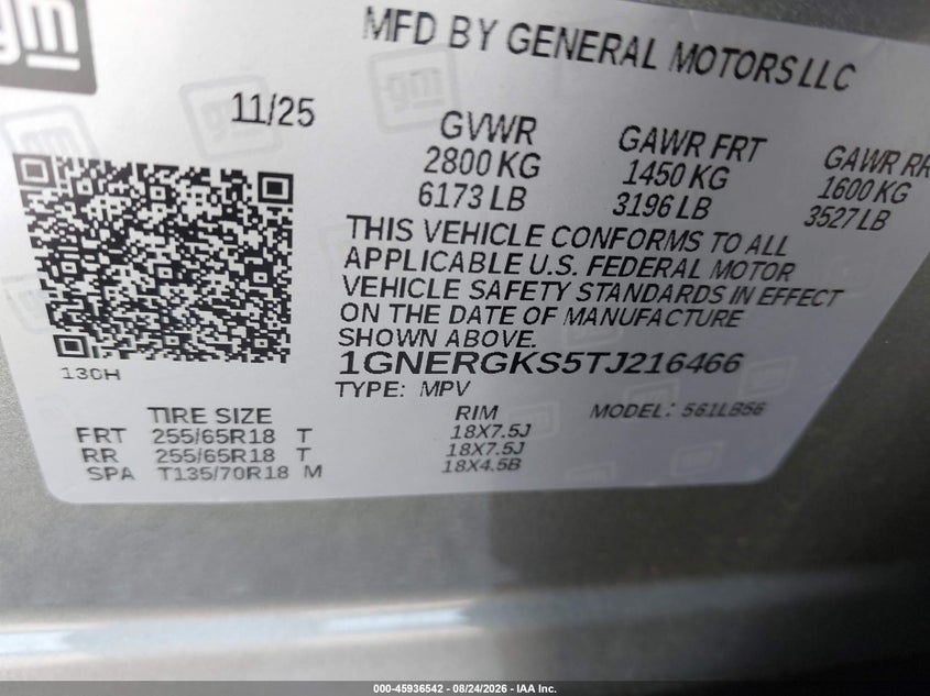 2026 Chevrolet Traverse VIN 1GNERGKS5TJ216466 IAAI salvage auction — RIGHT FRONT, Salvage Title, sold $25,750 on 2026-09-02 (photo 9)